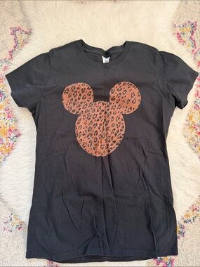 Disney Black Tee with Leopard-Print Mickey Silhouette